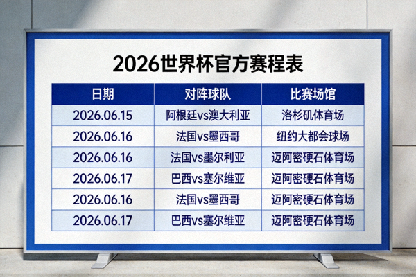 2026世界杯官方赛程表界面展示 - 包含日期、对阵球队与比赛场馆信息